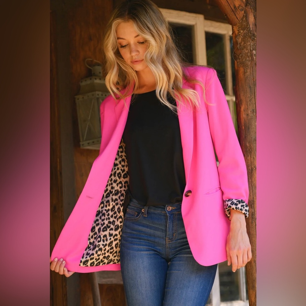 JODIFL Hot Pink Blazer with Leopard Print Lining